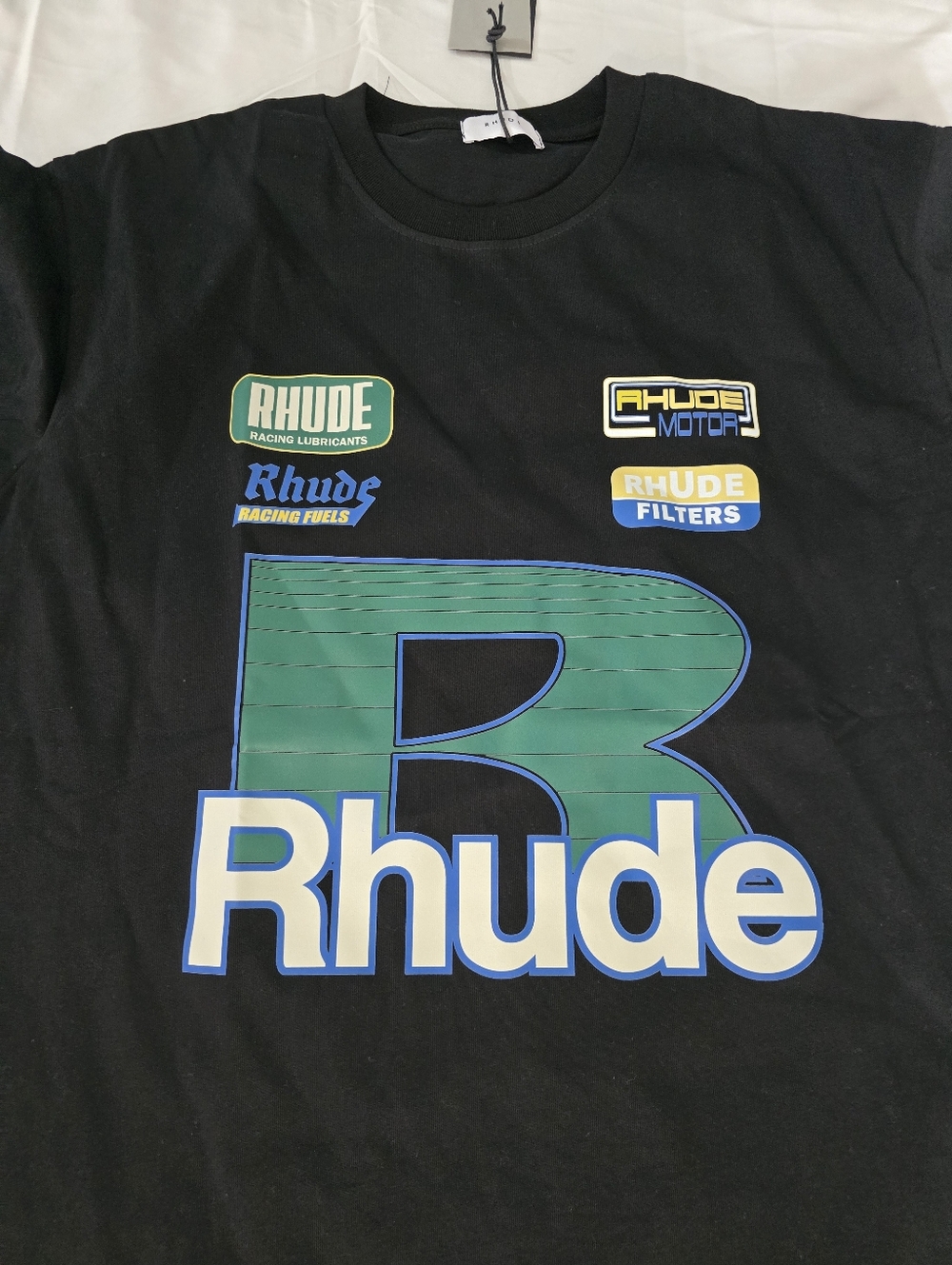 Rhude Black Tee with Green & Cream Racing Patches SOLD